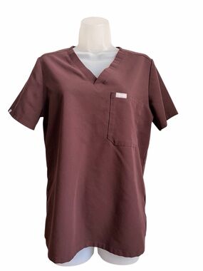 Ladies Figs V-Neck Short Sleeve Burgundy Top Size Medium